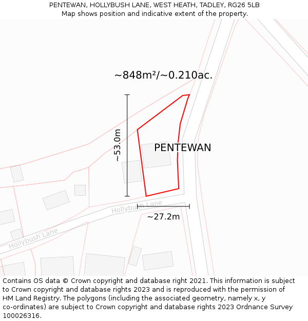 PENTEWAN, HOLLYBUSH LANE, WEST HEATH, TADLEY, RG26 5LB: Plot and title map