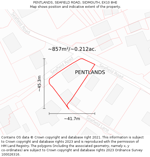 PENTLANDS, SEAFIELD ROAD, SIDMOUTH, EX10 8HE: Plot and title map