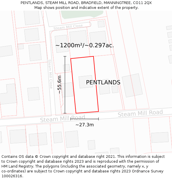 PENTLANDS, STEAM MILL ROAD, BRADFIELD, MANNINGTREE, CO11 2QX: Plot and title map