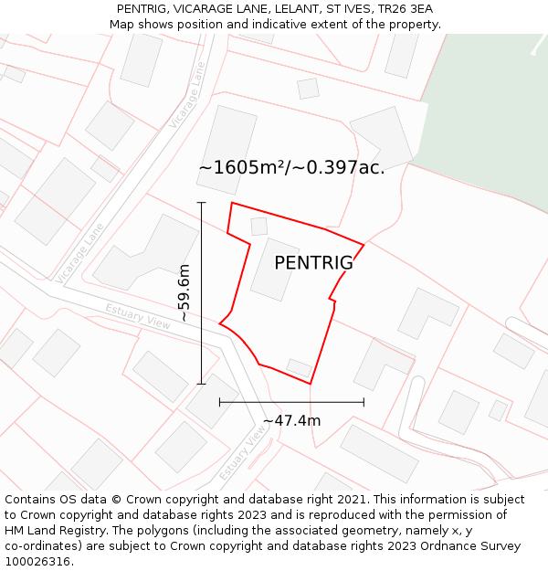 PENTRIG, VICARAGE LANE, LELANT, ST IVES, TR26 3EA: Plot and title map