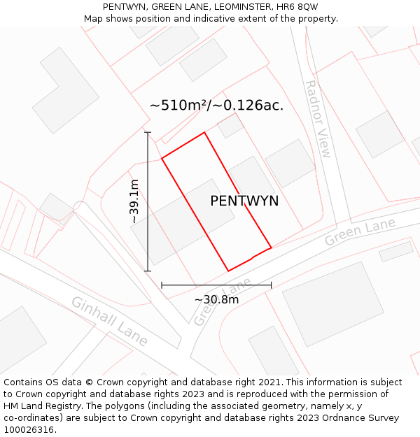 PENTWYN, GREEN LANE, LEOMINSTER, HR6 8QW: Plot and title map
