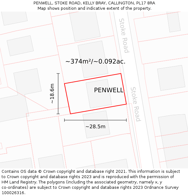 PENWELL, STOKE ROAD, KELLY BRAY, CALLINGTON, PL17 8RA: Plot and title map