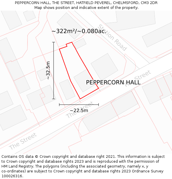 PEPPERCORN HALL, THE STREET, HATFIELD PEVEREL, CHELMSFORD, CM3 2DR: Plot and title map