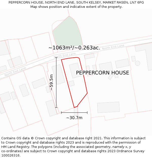 PEPPERCORN HOUSE, NORTH END LANE, SOUTH KELSEY, MARKET RASEN, LN7 6PG: Plot and title map