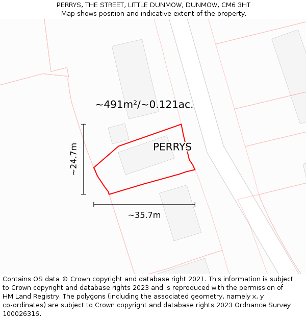 PERRYS, THE STREET, LITTLE DUNMOW, DUNMOW, CM6 3HT: Plot and title map