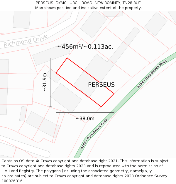 PERSEUS, DYMCHURCH ROAD, NEW ROMNEY, TN28 8UF: Plot and title map