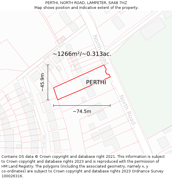 PERTHI, NORTH ROAD, LAMPETER, SA48 7HZ: Plot and title map
