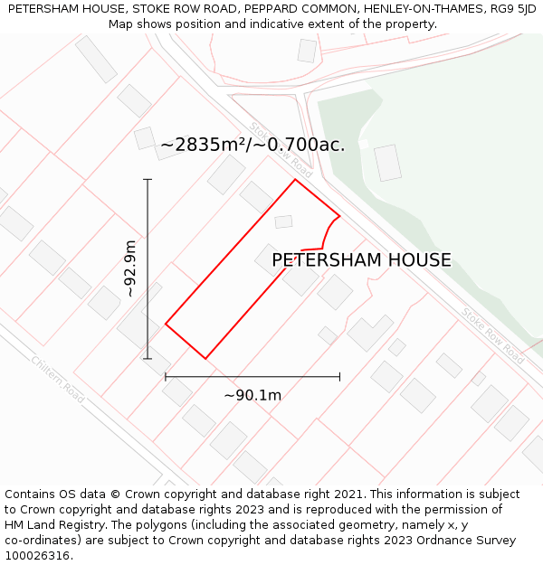 PETERSHAM HOUSE, STOKE ROW ROAD, PEPPARD COMMON, HENLEY-ON-THAMES, RG9 5JD: Plot and title map