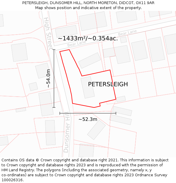 PETERSLEIGH, DUNSOMER HILL, NORTH MORETON, DIDCOT, OX11 9AR: Plot and title map