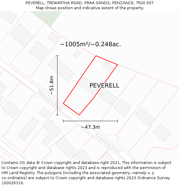 PEVERELL, TREWARTHA ROAD, PRAA SANDS, PENZANCE, TR20 9ST: Plot and title map