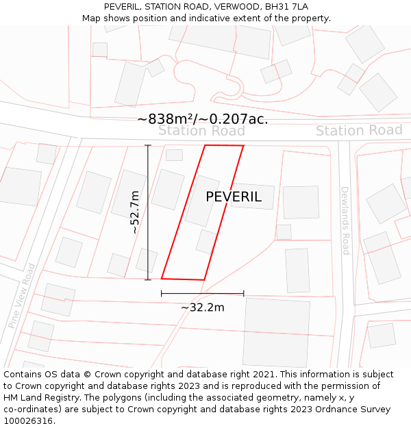 PEVERIL, STATION ROAD, VERWOOD, BH31 7LA: Plot and title map
