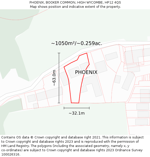 PHOENIX, BOOKER COMMON, HIGH WYCOMBE, HP12 4QS: Plot and title map