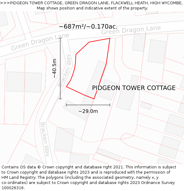 PIDGEON TOWER COTTAGE, GREEN DRAGON LANE, FLACKWELL HEATH, HIGH WYCOMBE, HP10 9JU: Plot and title map