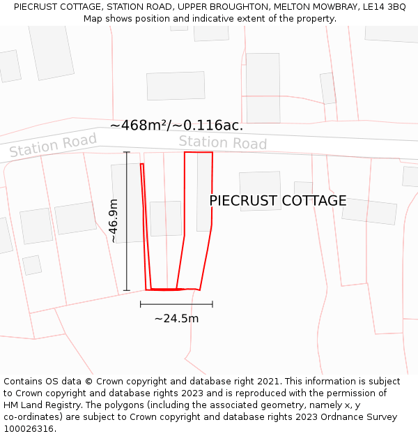 PIECRUST COTTAGE, STATION ROAD, UPPER BROUGHTON, MELTON MOWBRAY, LE14 3BQ: Plot and title map