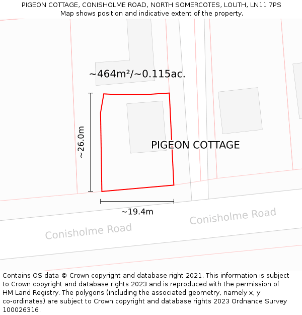 PIGEON COTTAGE, CONISHOLME ROAD, NORTH SOMERCOTES, LOUTH, LN11 7PS: Plot and title map