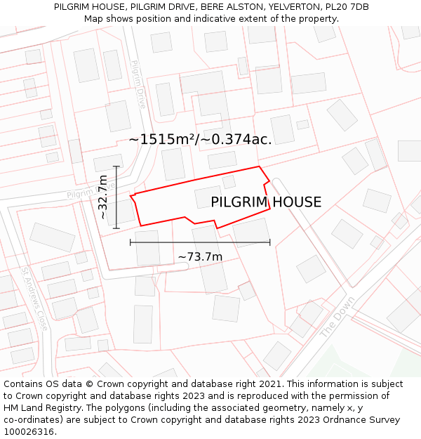 PILGRIM HOUSE, PILGRIM DRIVE, BERE ALSTON, YELVERTON, PL20 7DB: Plot and title map