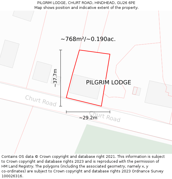 PILGRIM LODGE, CHURT ROAD, HINDHEAD, GU26 6PE: Plot and title map