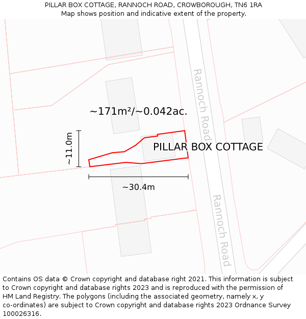 PILLAR BOX COTTAGE, RANNOCH ROAD, CROWBOROUGH, TN6 1RA: Plot and title map