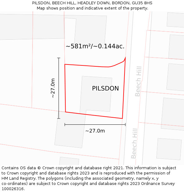 PILSDON, BEECH HILL, HEADLEY DOWN, BORDON, GU35 8HS: Plot and title map