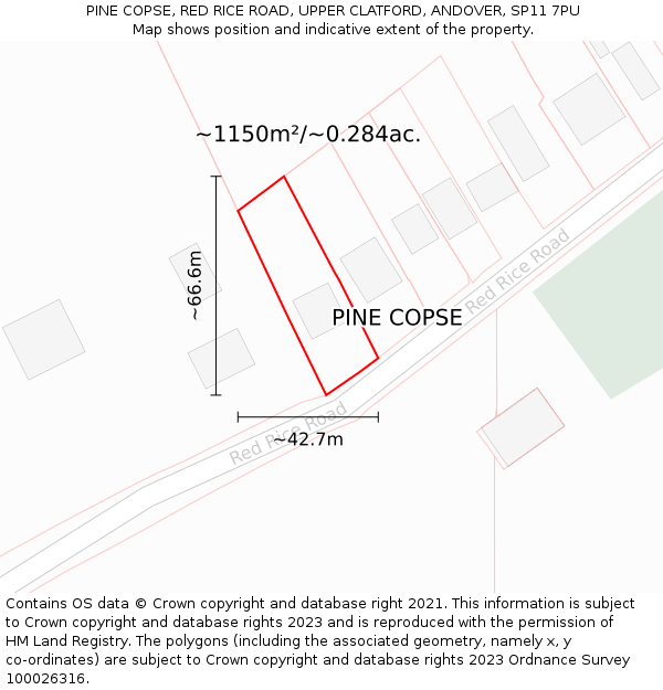 PINE COPSE, RED RICE ROAD, UPPER CLATFORD, ANDOVER, SP11 7PU: Plot and title map