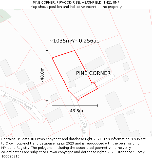 PINE CORNER, FIRWOOD RISE, HEATHFIELD, TN21 8NP: Plot and title map