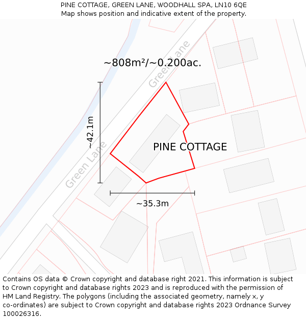 PINE COTTAGE, GREEN LANE, WOODHALL SPA, LN10 6QE: Plot and title map