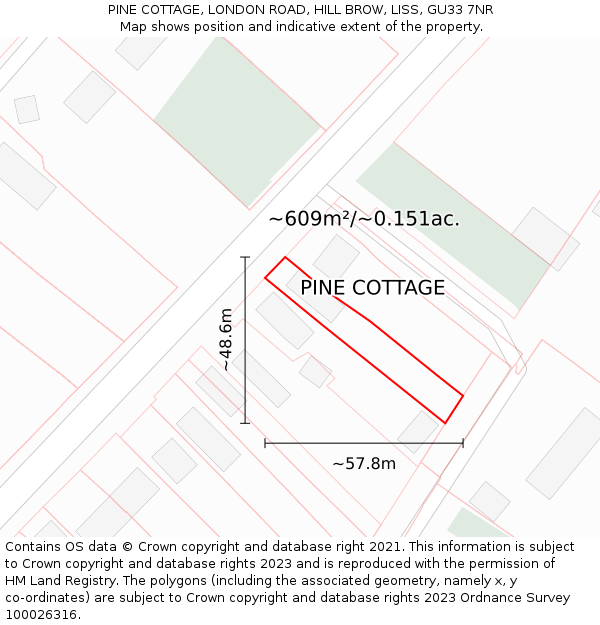 PINE COTTAGE, LONDON ROAD, HILL BROW, LISS, GU33 7NR: Plot and title map