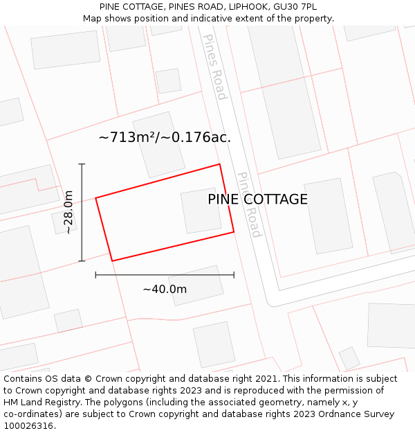 PINE COTTAGE, PINES ROAD, LIPHOOK, GU30 7PL: Plot and title map