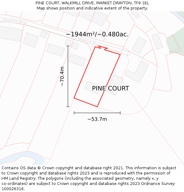 PINE COURT, WALKMILL DRIVE, MARKET DRAYTON, TF9 1EL: Plot and title map