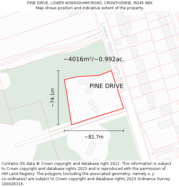 PINE DRIVE, LOWER WOKINGHAM ROAD, CROWTHORNE, RG45 6BX: Plot and title map