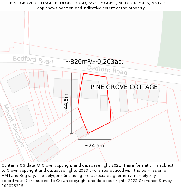 PINE GROVE COTTAGE, BEDFORD ROAD, ASPLEY GUISE, MILTON KEYNES, MK17 8DH: Plot and title map