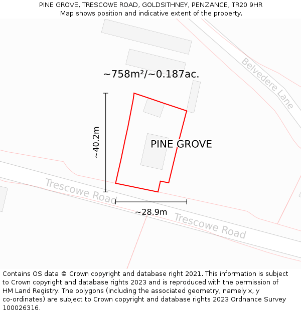 PINE GROVE, TRESCOWE ROAD, GOLDSITHNEY, PENZANCE, TR20 9HR: Plot and title map