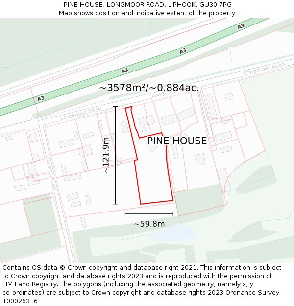 PINE HOUSE, LONGMOOR ROAD, LIPHOOK, GU30 7PG: Plot and title map