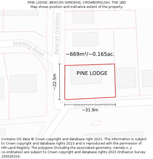 PINE LODGE, BEACON GARDENS, CROWBOROUGH, TN6 1BD: Plot and title map