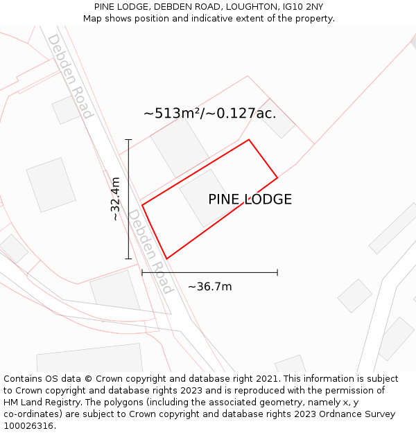 PINE LODGE, DEBDEN ROAD, LOUGHTON, IG10 2NY: Plot and title map