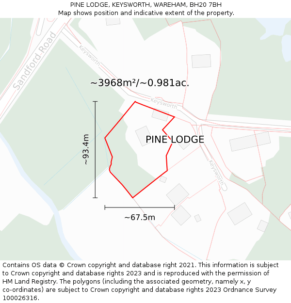 PINE LODGE, KEYSWORTH, WAREHAM, BH20 7BH: Plot and title map