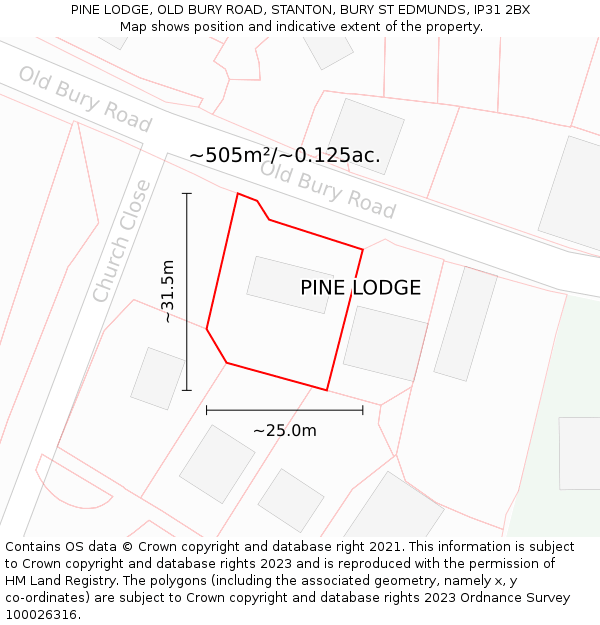 PINE LODGE, OLD BURY ROAD, STANTON, BURY ST EDMUNDS, IP31 2BX: Plot and title map