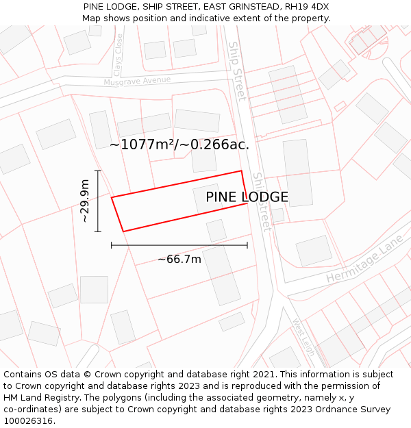 PINE LODGE, SHIP STREET, EAST GRINSTEAD, RH19 4DX: Plot and title map