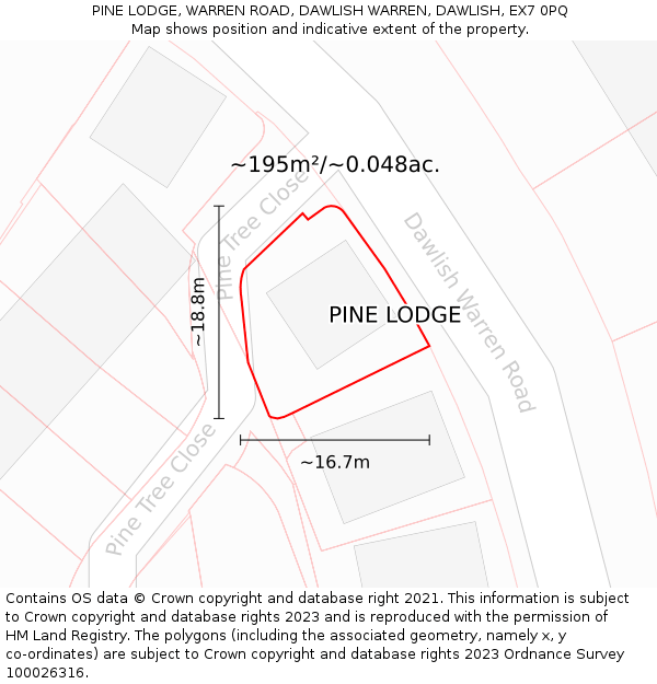 PINE LODGE, WARREN ROAD, DAWLISH WARREN, DAWLISH, EX7 0PQ: Plot and title map