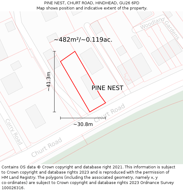 PINE NEST, CHURT ROAD, HINDHEAD, GU26 6PD: Plot and title map