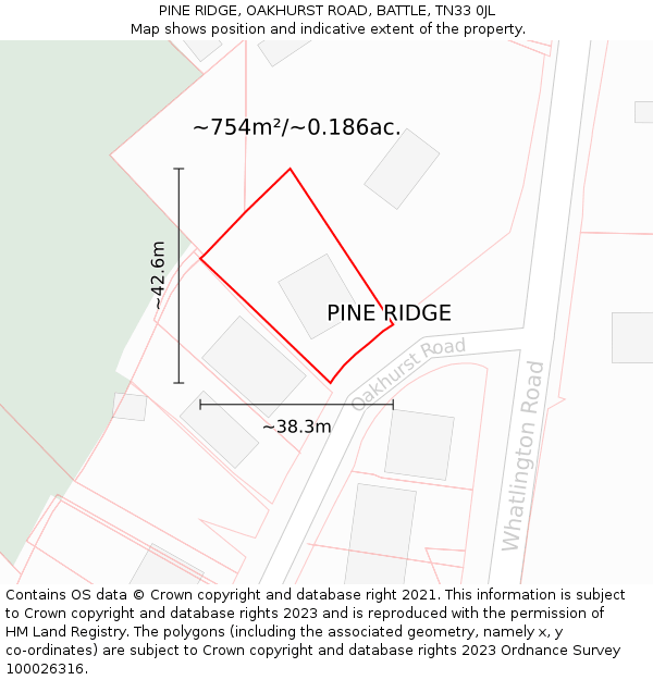 PINE RIDGE, OAKHURST ROAD, BATTLE, TN33 0JL: Plot and title map