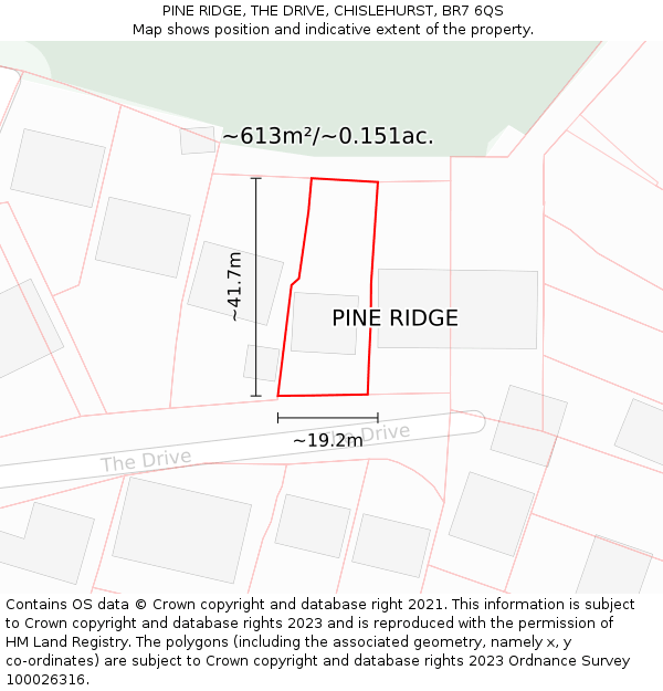PINE RIDGE, THE DRIVE, CHISLEHURST, BR7 6QS: Plot and title map