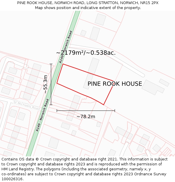 PINE ROOK HOUSE, NORWICH ROAD, LONG STRATTON, NORWICH, NR15 2PX: Plot and title map