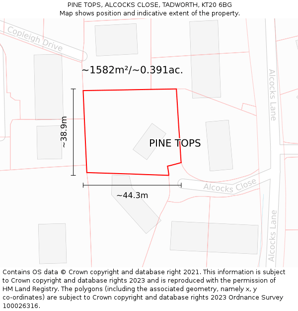 PINE TOPS, ALCOCKS CLOSE, TADWORTH, KT20 6BG: Plot and title map