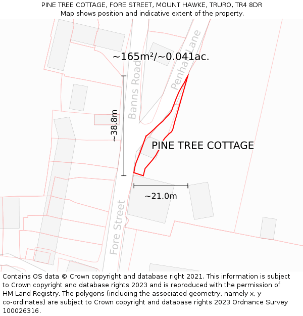 PINE TREE COTTAGE, FORE STREET, MOUNT HAWKE, TRURO, TR4 8DR: Plot and title map