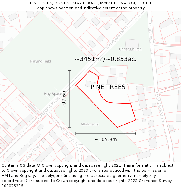 PINE TREES, BUNTINGSDALE ROAD, MARKET DRAYTON, TF9 1LT: Plot and title map