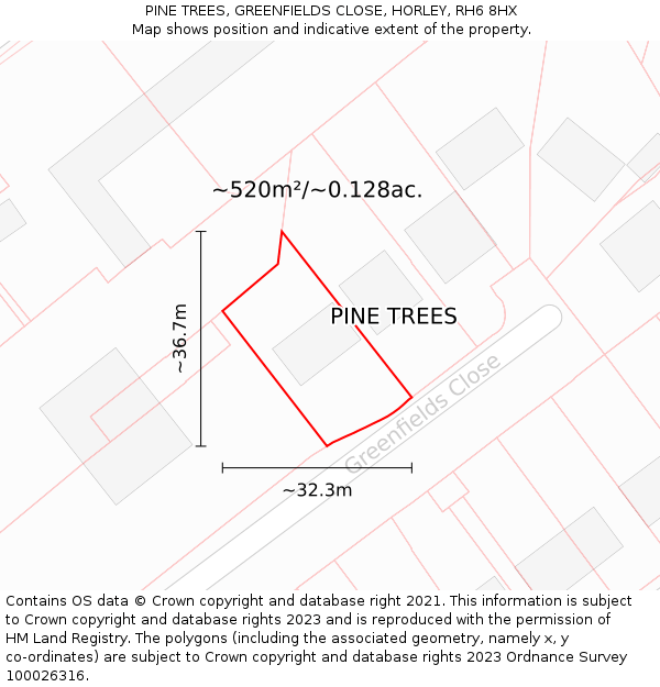 PINE TREES, GREENFIELDS CLOSE, HORLEY, RH6 8HX: Plot and title map