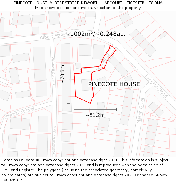 PINECOTE HOUSE, ALBERT STREET, KIBWORTH HARCOURT, LEICESTER, LE8 0NA: Plot and title map