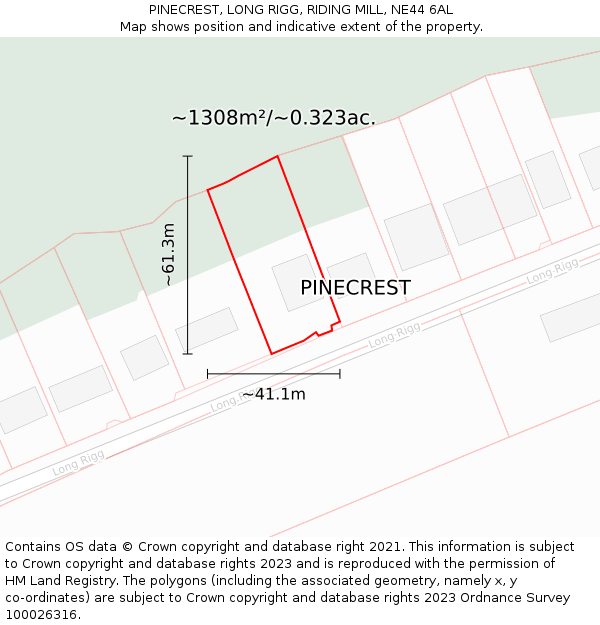 PINECREST, LONG RIGG, RIDING MILL, NE44 6AL: Plot and title map