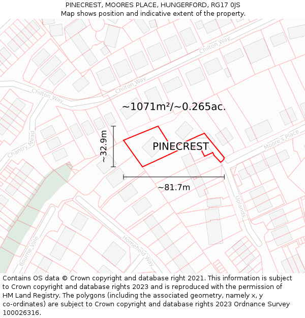 PINECREST, MOORES PLACE, HUNGERFORD, RG17 0JS: Plot and title map